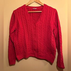 red cable knit cardigan